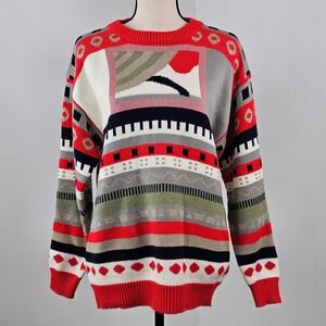 Emodi Vintage Grandpa Cosby Dad Knit Sweater 90s Pattern Red Black | Large